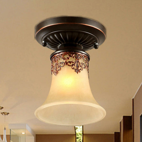 Frost Beige Glass Semi-Flush Mount Light with Retro Flair and Filigree Detailing