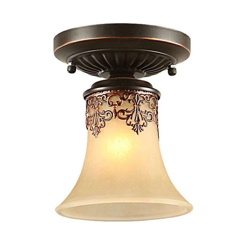 Frost Beige Glass Semi-Flush Mount Light with Retro Flair and Filigree Detailing