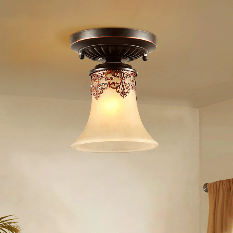 Frost Beige Glass Semi-Flush Mount Light with Retro Flair and Filigree Detailing