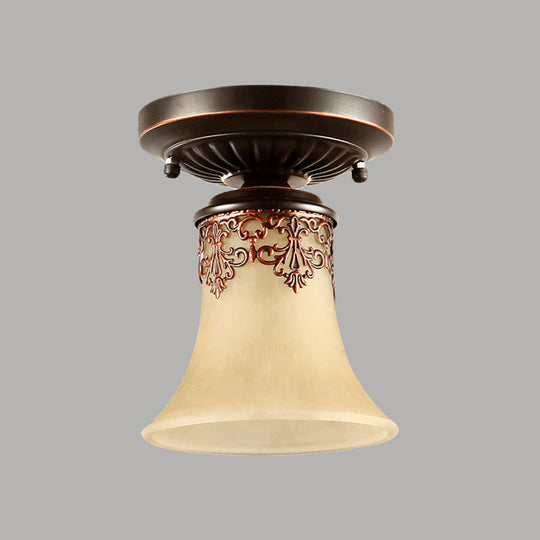 Frost Beige Glass Semi-Flush Mount Light with Retro Flair and Filigree Detailing