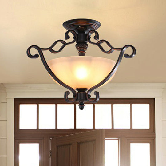 Rustic Copper Semi Flush Ceiling Light with Iron Scrolled Design and Beige Glass Shade