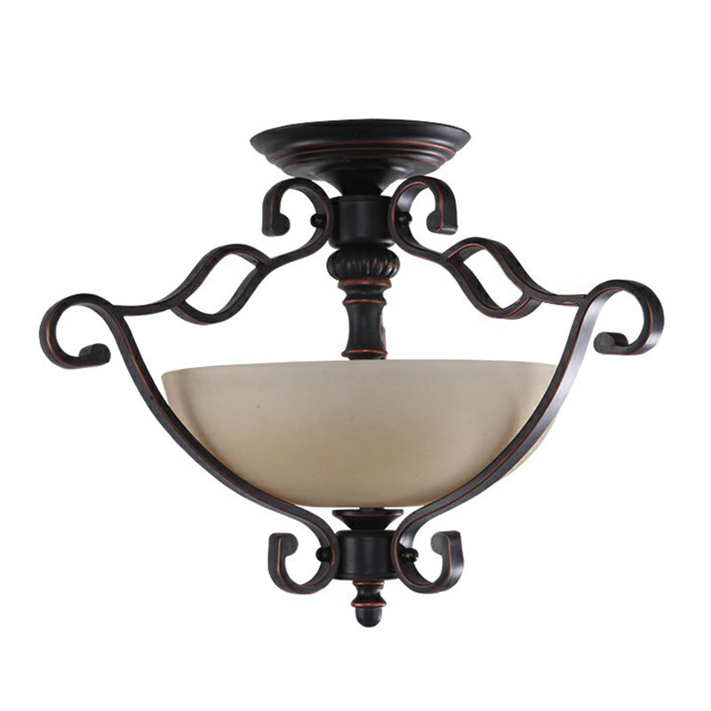 Rustic Copper Semi Flush Ceiling Light with Iron Scrolled Design and Beige Glass Shade