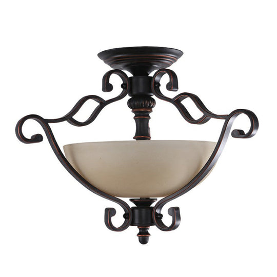 Rustic Copper Semi Flush Ceiling Light with Iron Scrolled Design and Beige Glass Shade