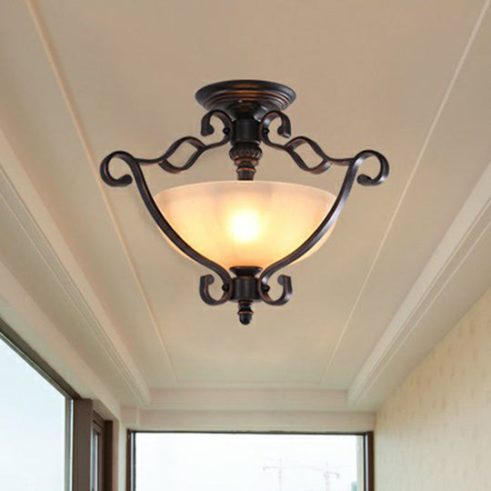 Rustic Copper Semi Flush Ceiling Light with Iron Scrolled Design and Beige Glass Shade