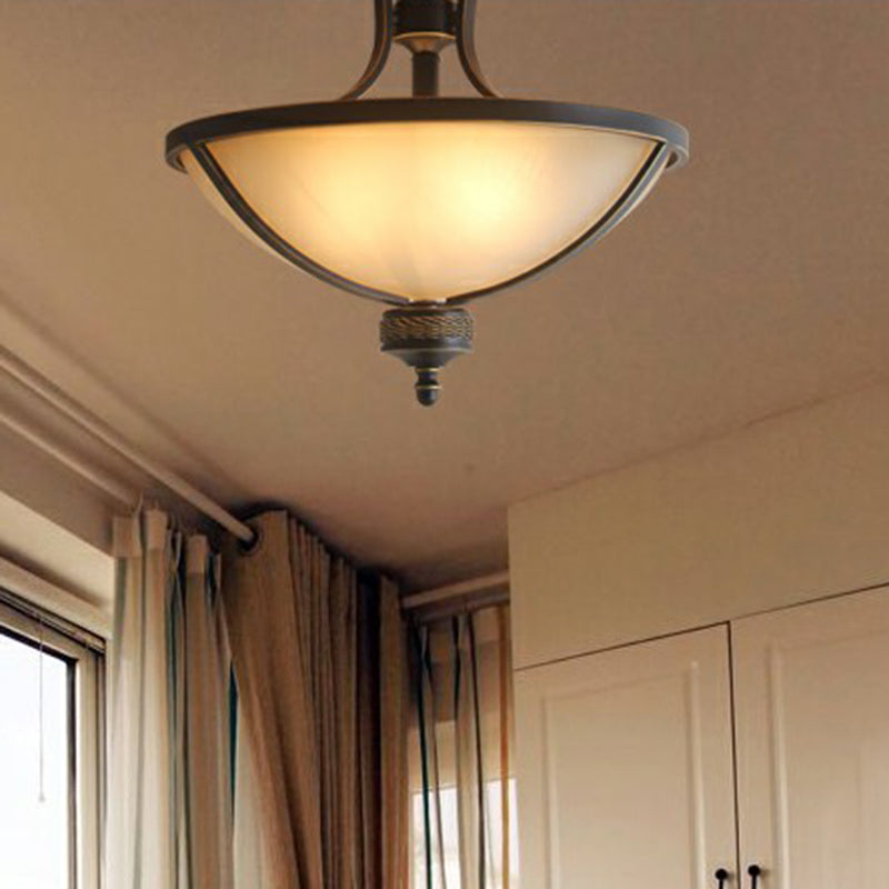 Brass Semi Flush Ceiling Light Fixture with 3 Frost Glass Bowls - Traditional Design