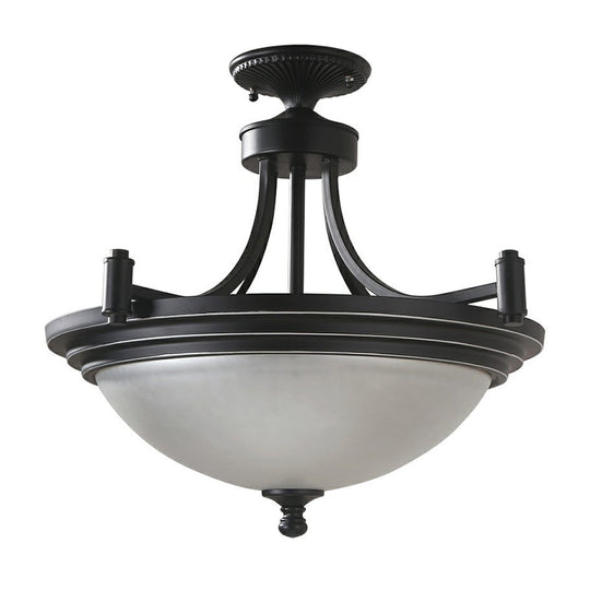 Vintage Frost Glass Semi Flush Mount with Bowl Shade: 3-Bulb Black Entryway Ceiling Light