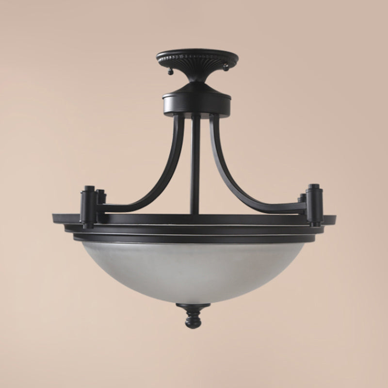 Vintage Frost Glass Semi Flush Mount with Bowl Shade: 3-Bulb Black Entryway Ceiling Light