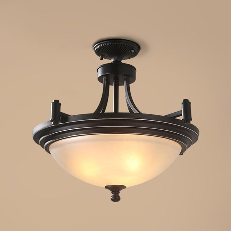 Vintage Frost Glass Semi Flush Mount with Bowl Shade: 3-Bulb Black Entryway Ceiling Light