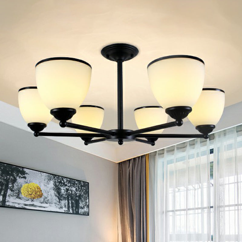 Retro Semi Flush Mount Metallic Ceiling Light with Black Finish and Bell Cream Glass Shade for Bedroom