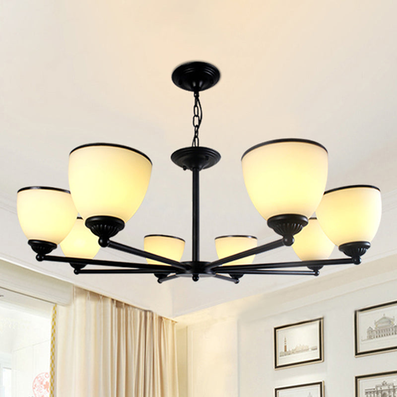 Retro Semi Flush Mount Metallic Ceiling Light With Black Finish And Bell Cream Glass Shade For