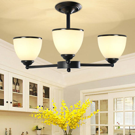 Retro Semi Flush Mount Metallic Ceiling Light with Black Finish and Bell Cream Glass Shade for Bedroom