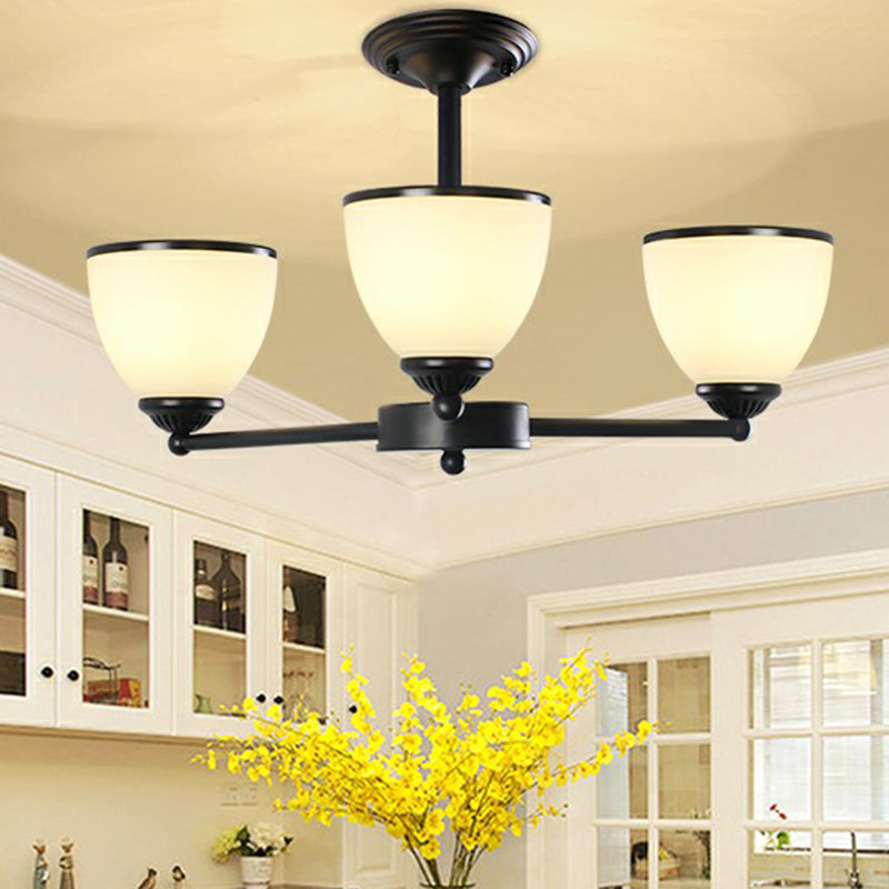 Retro Semi Flush Mount Metallic Ceiling Light With Black Finish And Bell Cream Glass Shade For