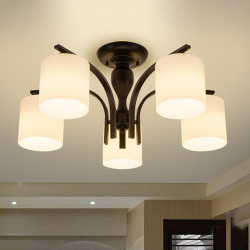 Opal Glass Semi Flush Mount Ceiling Chandelier - Classic Cylinder Design in Elegant Black