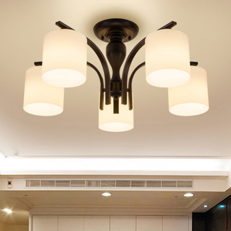 Opal Glass Semi Flush Mount Ceiling Chandelier - Classic Cylinder Design in Elegant Black