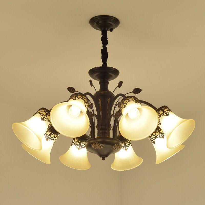 Classic Black Glass Chandelier Light For Living Room - Flared Shade Beige Pendant Ceiling