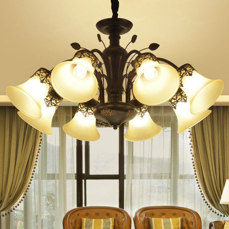 Classic Black Glass Chandelier Light For Living Room - Flared Shade Beige Pendant Ceiling