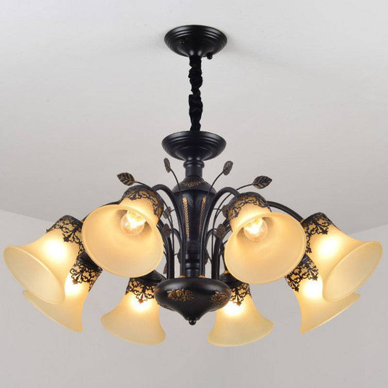 Classic Black Glass Chandelier Light For Living Room - Flared Shade Beige Pendant Ceiling