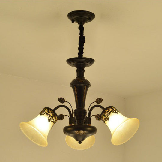 Classic Black Glass Chandelier Light For Living Room - Flared Shade Beige Pendant Ceiling