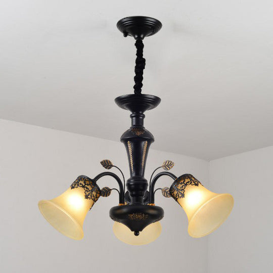 Classic Black Glass Chandelier Light For Living Room - Flared Shade Beige Pendant Ceiling