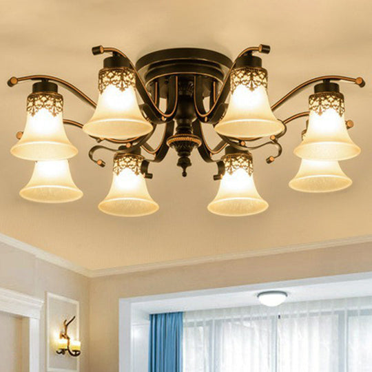 Traditional Beige Glass Bell Semi Flush Ceiling Chandelier in Black for Living Rooms