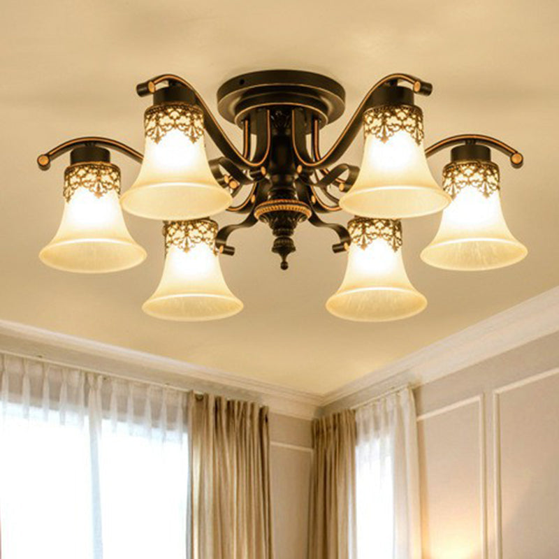 Traditional Beige Glass Bell Semi Flush Ceiling Chandelier in Black for Living Rooms