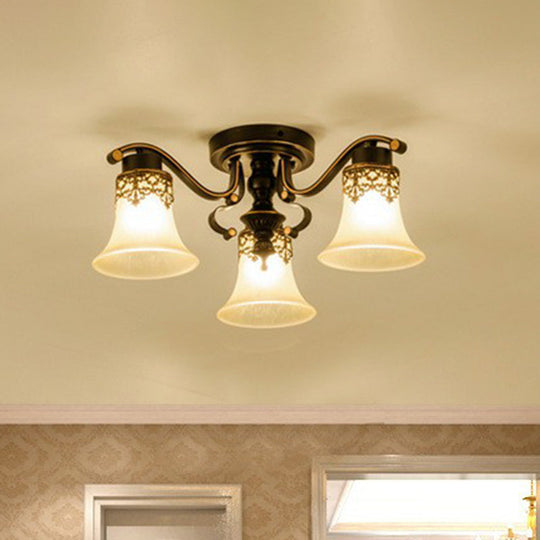 Traditional Beige Glass Bell Semi Flush Ceiling Chandelier in Black for Living Rooms