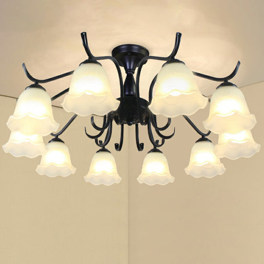 Vintage Opal Glass Semi Flush Mount Chandelier - Black Bell Shaped Ceiling Light for Living Room