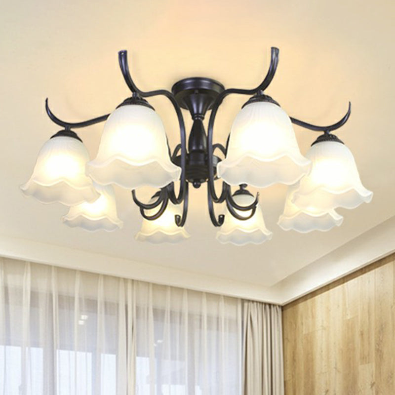 Vintage Opal Glass Semi Flush Mount Chandelier - Black Bell Shaped Ceiling Light for Living Room