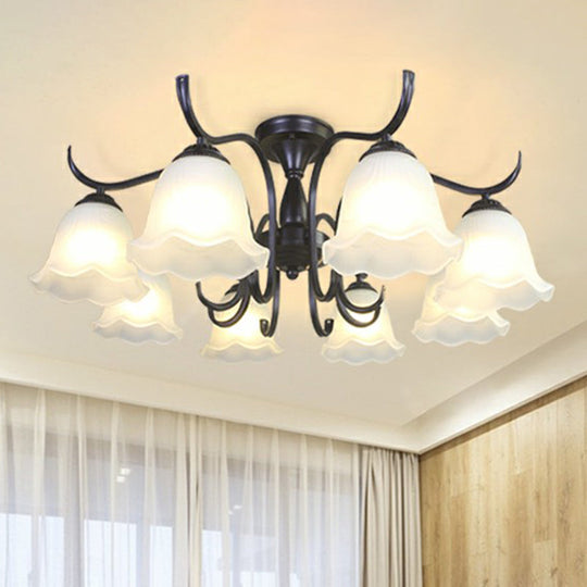 Vintage Opal Glass Semi Flush Mount Chandelier - Black Bell Shaped Ceiling Light For Living Room 8 /