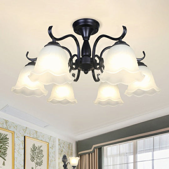 Vintage Opal Glass Semi Flush Mount Chandelier - Black Bell Shaped Ceiling Light for Living Room