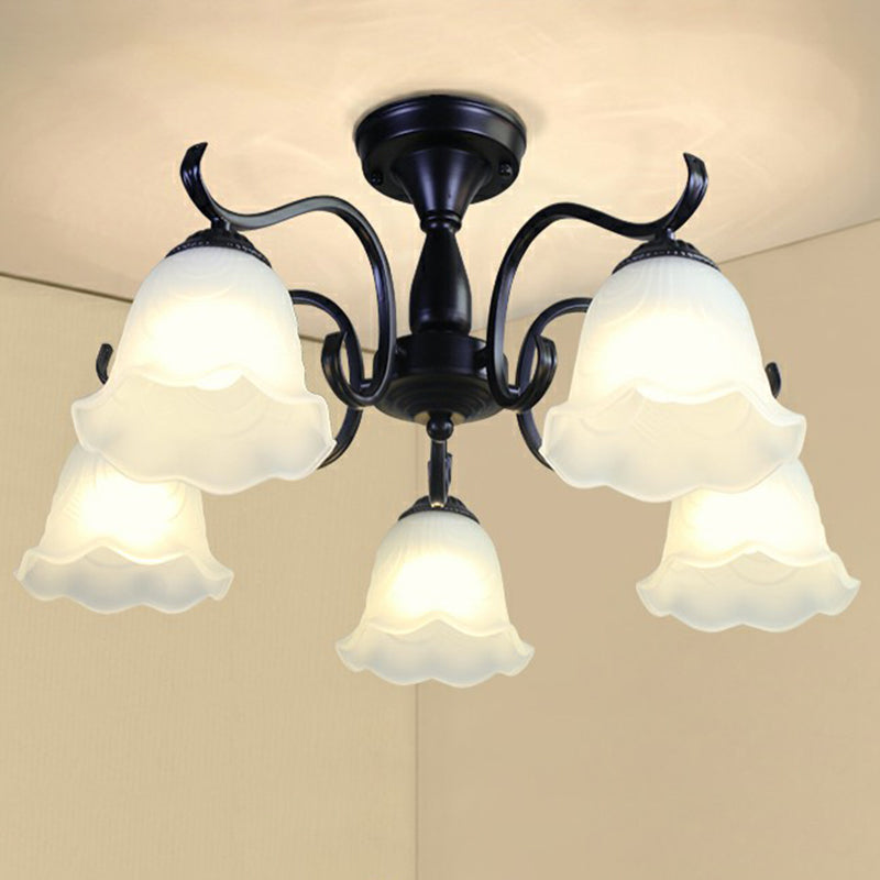 Vintage Opal Glass Semi Flush Mount Chandelier - Black Bell Shaped Ceiling Light for Living Room