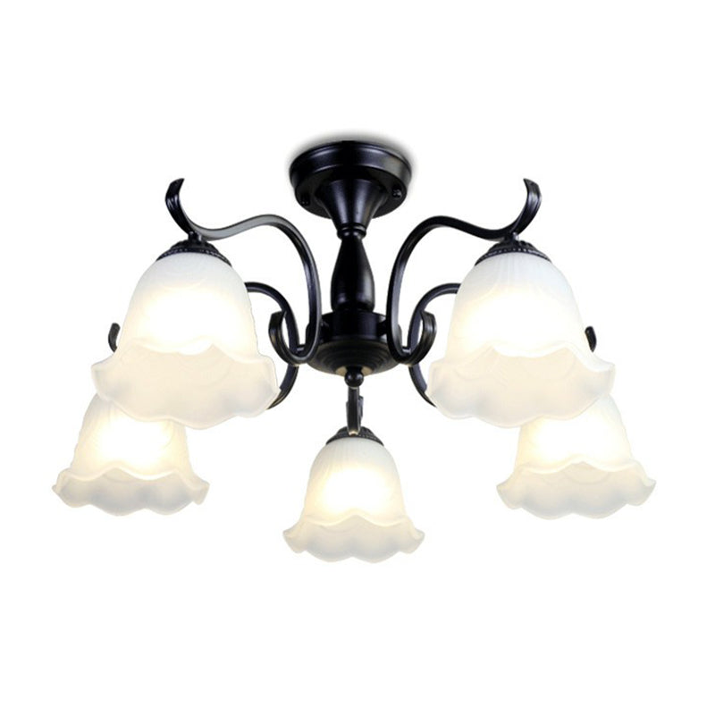 Vintage Opal Glass Semi Flush Mount Chandelier - Black Bell Shaped Ceiling Light for Living Room