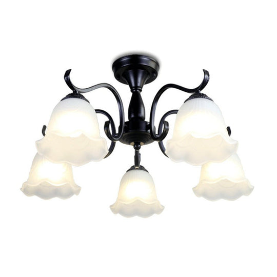 Vintage Opal Glass Semi Flush Mount Chandelier - Black Bell Shaped Ceiling Light for Living Room