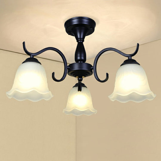 Vintage Opal Glass Semi Flush Mount Chandelier - Black Bell Shaped Ceiling Light for Living Room