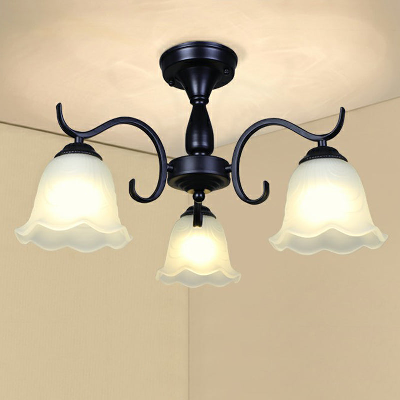 Vintage Opal Glass Semi Flush Mount Chandelier - Black Bell Shaped Ceiling Light For Living Room 3 /