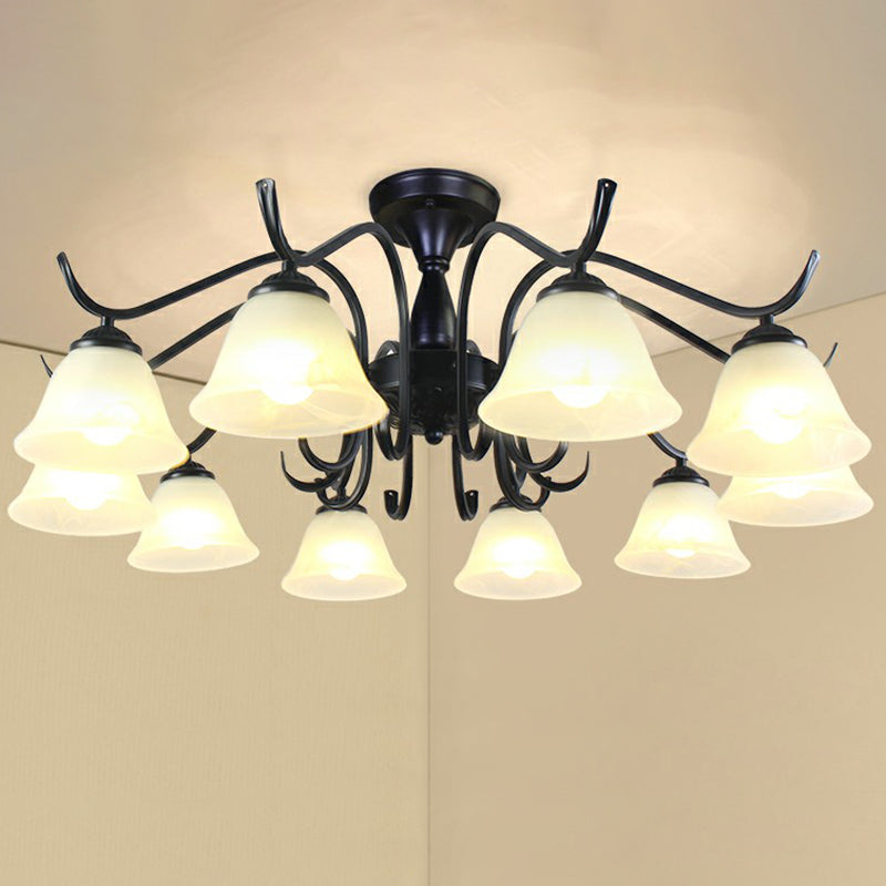 Vintage Opal Glass Semi Flush Mount Chandelier - Black Bell Shaped Ceiling Light for Living Room