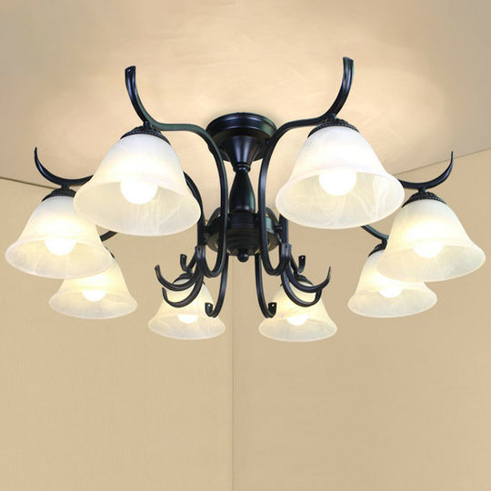 Vintage Opal Glass Semi Flush Mount Chandelier - Black Bell Shaped Ceiling Light for Living Room