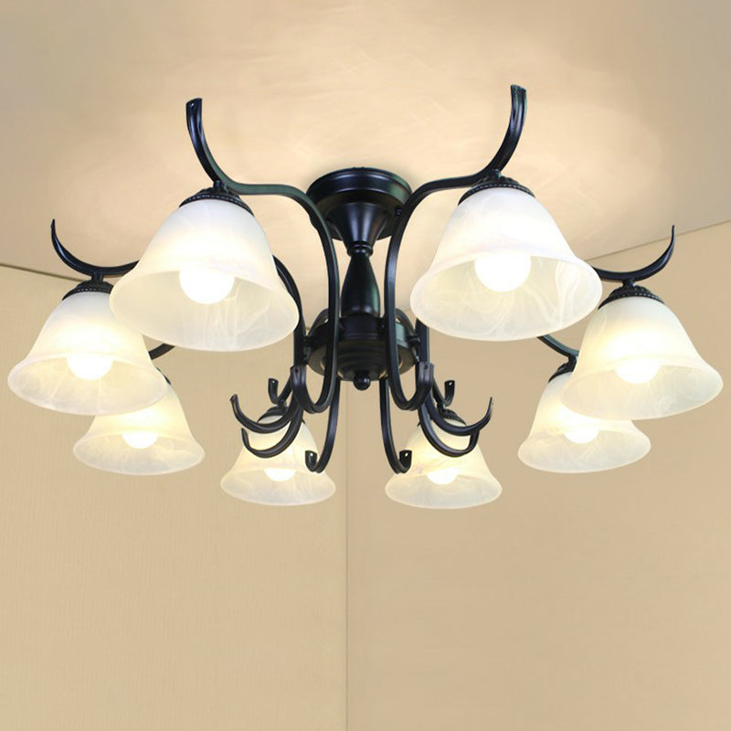 Vintage Opal Glass Semi Flush Mount Chandelier - Black Bell Shaped Ceiling Light For Living Room 8 /