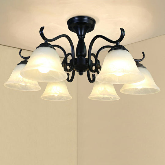 Vintage Opal Glass Semi Flush Mount Chandelier - Black Bell Shaped Ceiling Light for Living Room