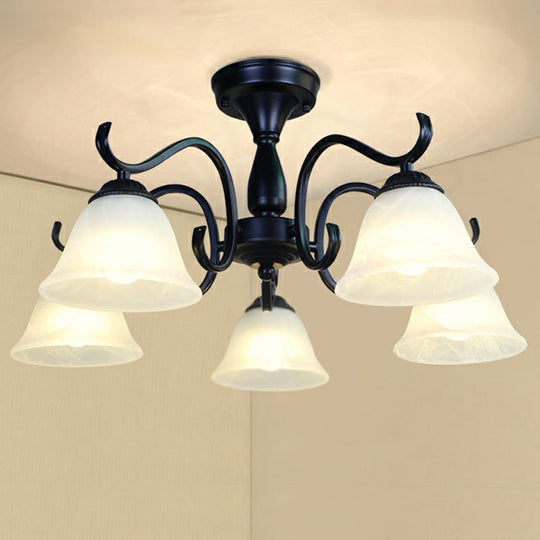 Vintage Opal Glass Semi Flush Mount Chandelier - Black Bell Shaped Ceiling Light for Living Room