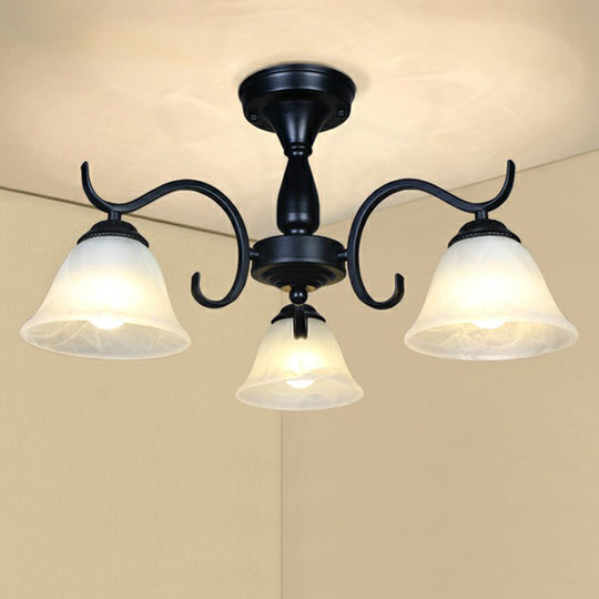 Vintage Opal Glass Semi Flush Mount Chandelier - Black Bell Shaped Ceiling Light for Living Room