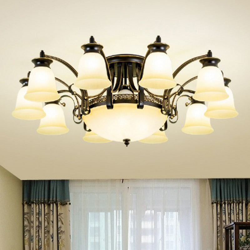 Retro Beige Glass Flared Semi Flush Light for Dining Room