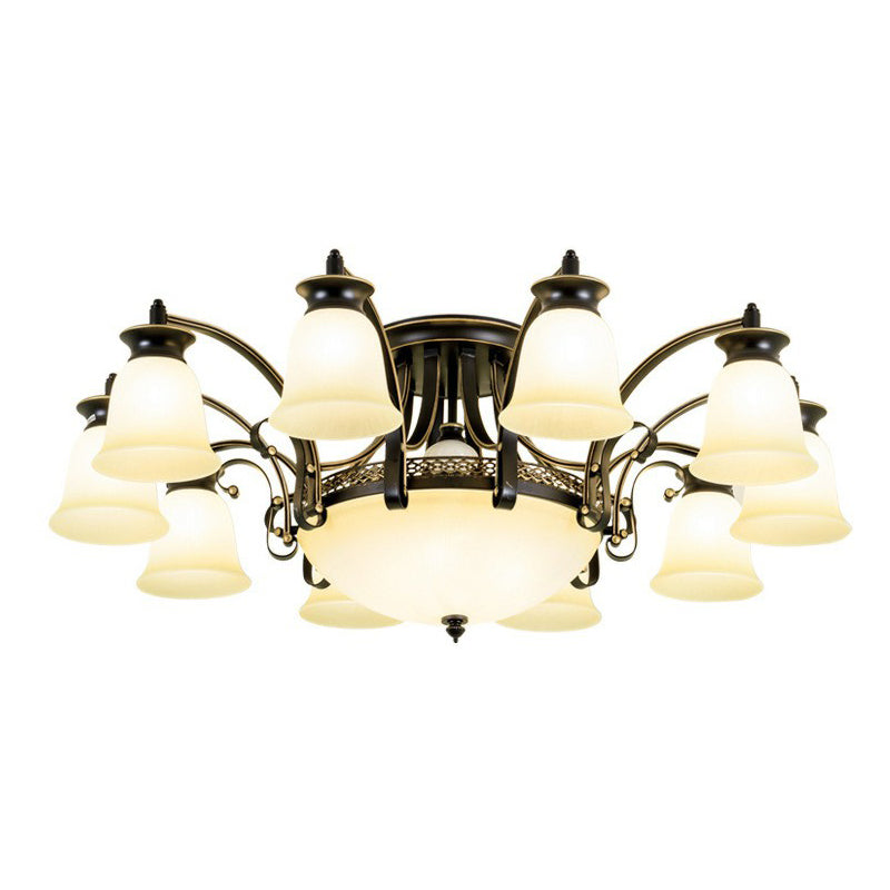 Retro Beige Glass Flared Semi Flush Light for Dining Room