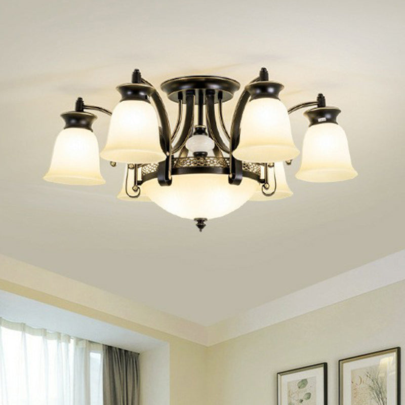 Retro Beige Glass Flared Semi Flush Light for Dining Room