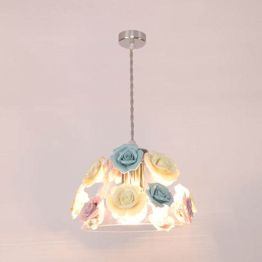 Pastoral Rose Ceramic Pendant Light: Pink-Blue Suspension Fixture For Dining Room