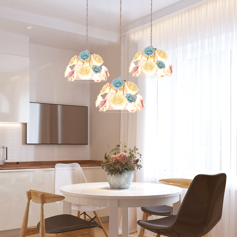 Pastoral Rose Ceramic Pendant Light: Pink-Blue Suspension Fixture For Dining Room 3 /