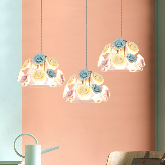 Pastoral Rose Ceramic Pendant Light: Pink-Blue Suspension Fixture For Dining Room