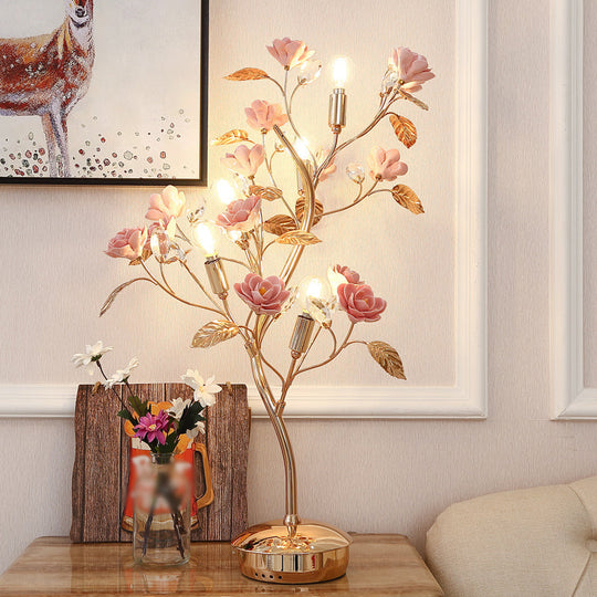 Pastoral Style Floral Ceramic Table Lamp With Decorative Crystal For Living Room Nightstand