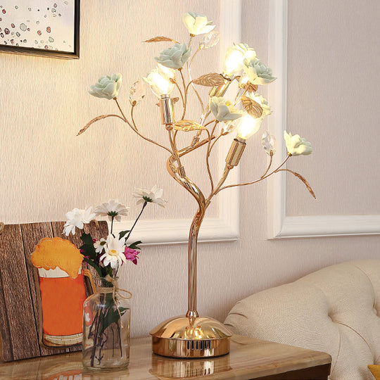 Pastoral Style Floral Ceramic Table Lamp With Decorative Crystal For Living Room Nightstand Green /