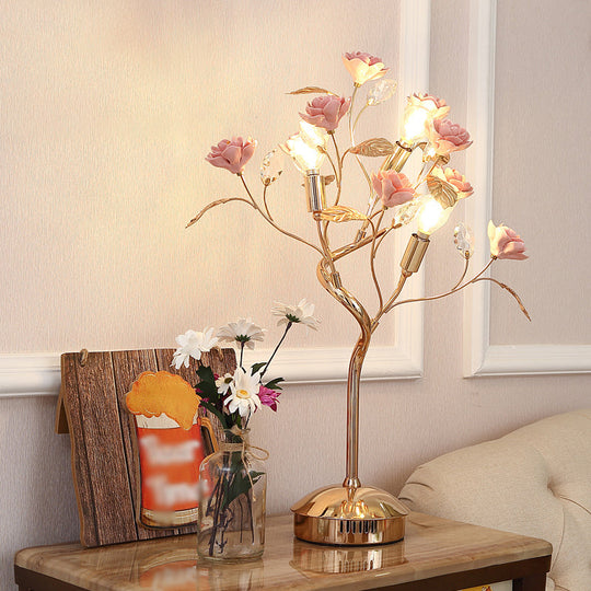 Pastoral Style Floral Ceramic Table Lamp With Decorative Crystal For Living Room Nightstand Pink / B